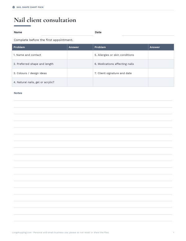 Preview of Printable Nail Client Consultation Form