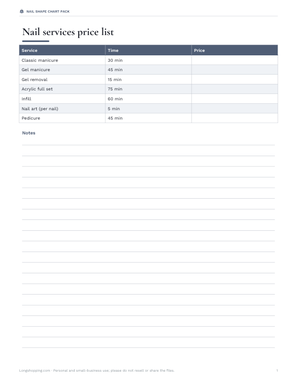 Preview of Printable Nail Services Price List
